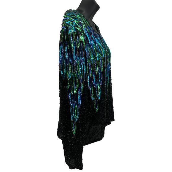 Patchouli Silk Jacket WMNS XL Black Green Blue Beaded Sequin Statement Coat Vtg - Picture 3 of 12